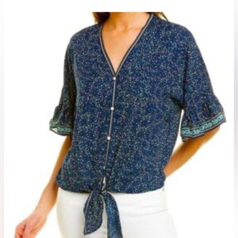 Max Studio Front Tie Blue Print Blouse Size S Lightweight flounce‎ sleeves